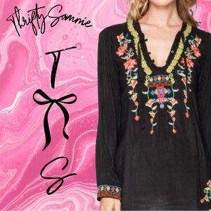 Johnny Was Black floral blouse tunic black embroidered PM suko long sleeve